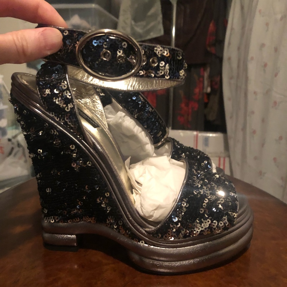 Dolce & Gabbana Blue/Silver Sequin Wedges 39.5